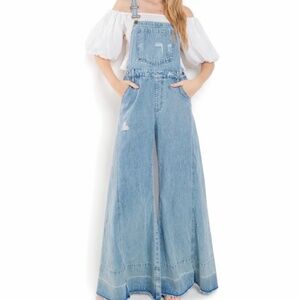 Wisteria Lane Super Wide Leg Denim Distressed Overalls — Size Medium